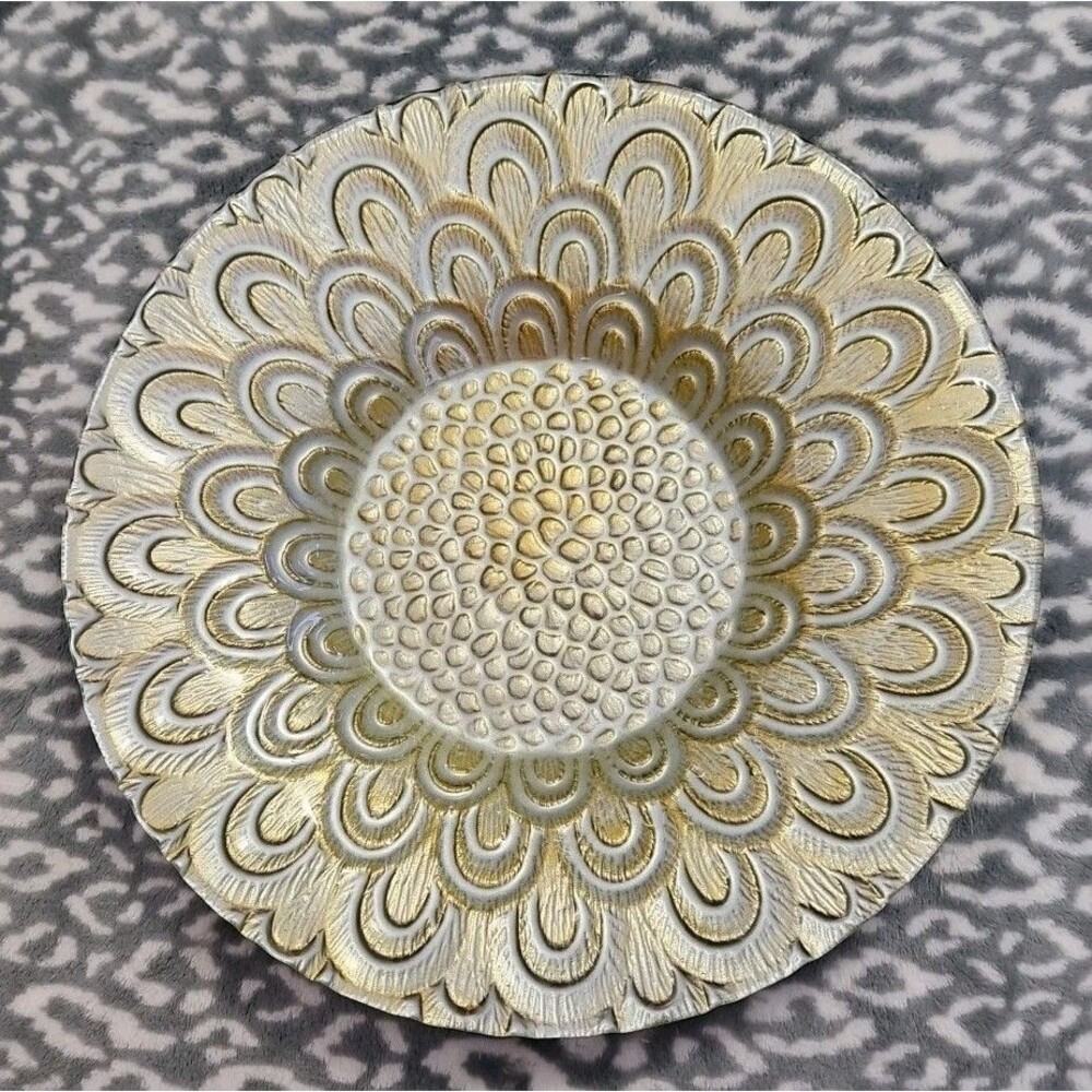 Metallic Silver & Gold Floral Design Art Glass Bowl Serving Dish Centerpiece 14"